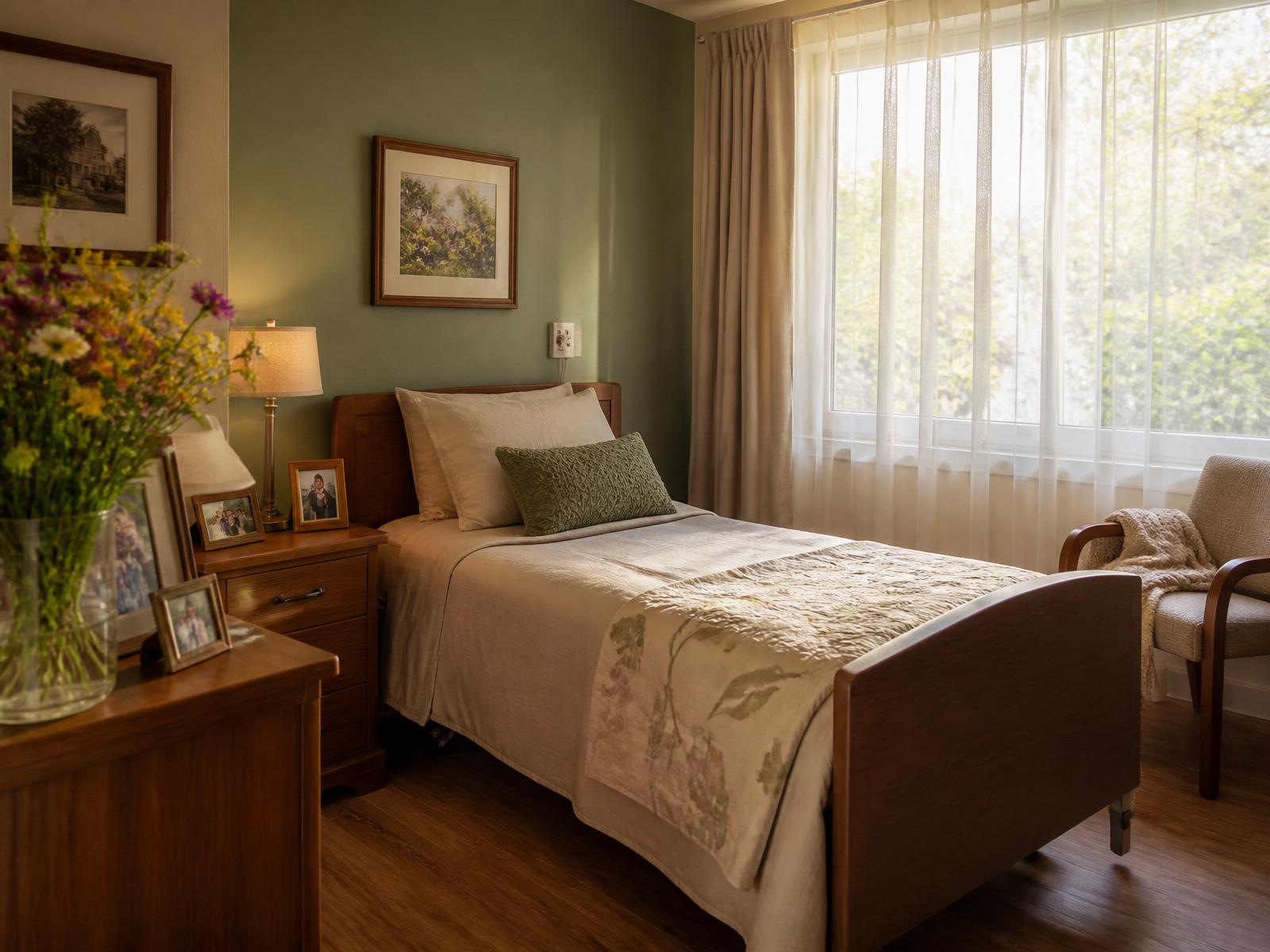 Serene resident bedroom with soft cream linens and garden-view window