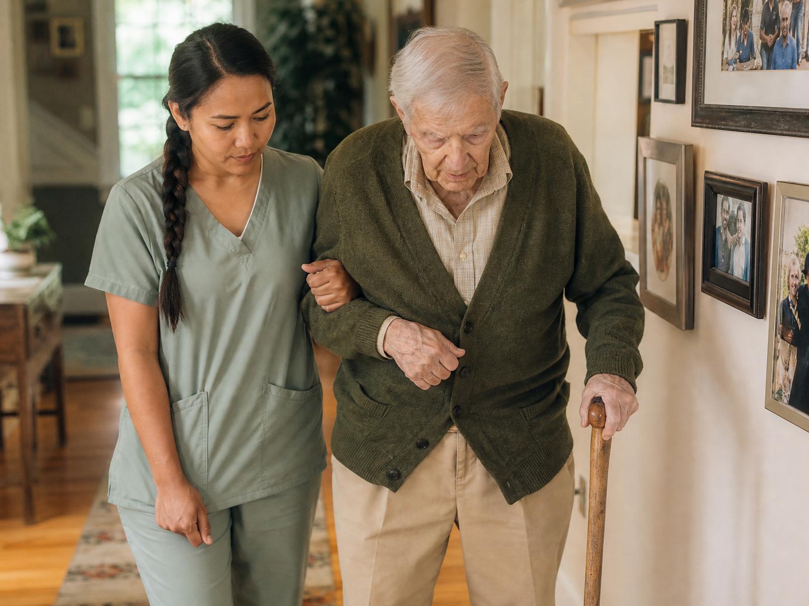 Caregiver walking arm-in-arm with an elderly resident down a family-photo-lined hallway
