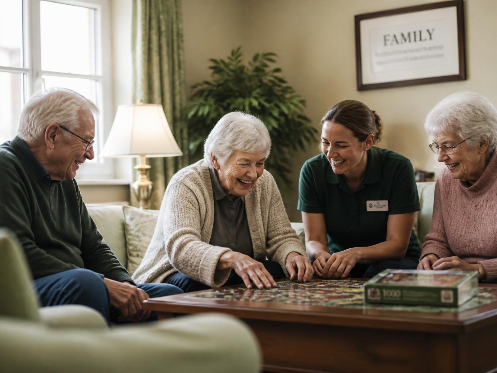 Residents and caregiver laughing together over a puzzle in the living room