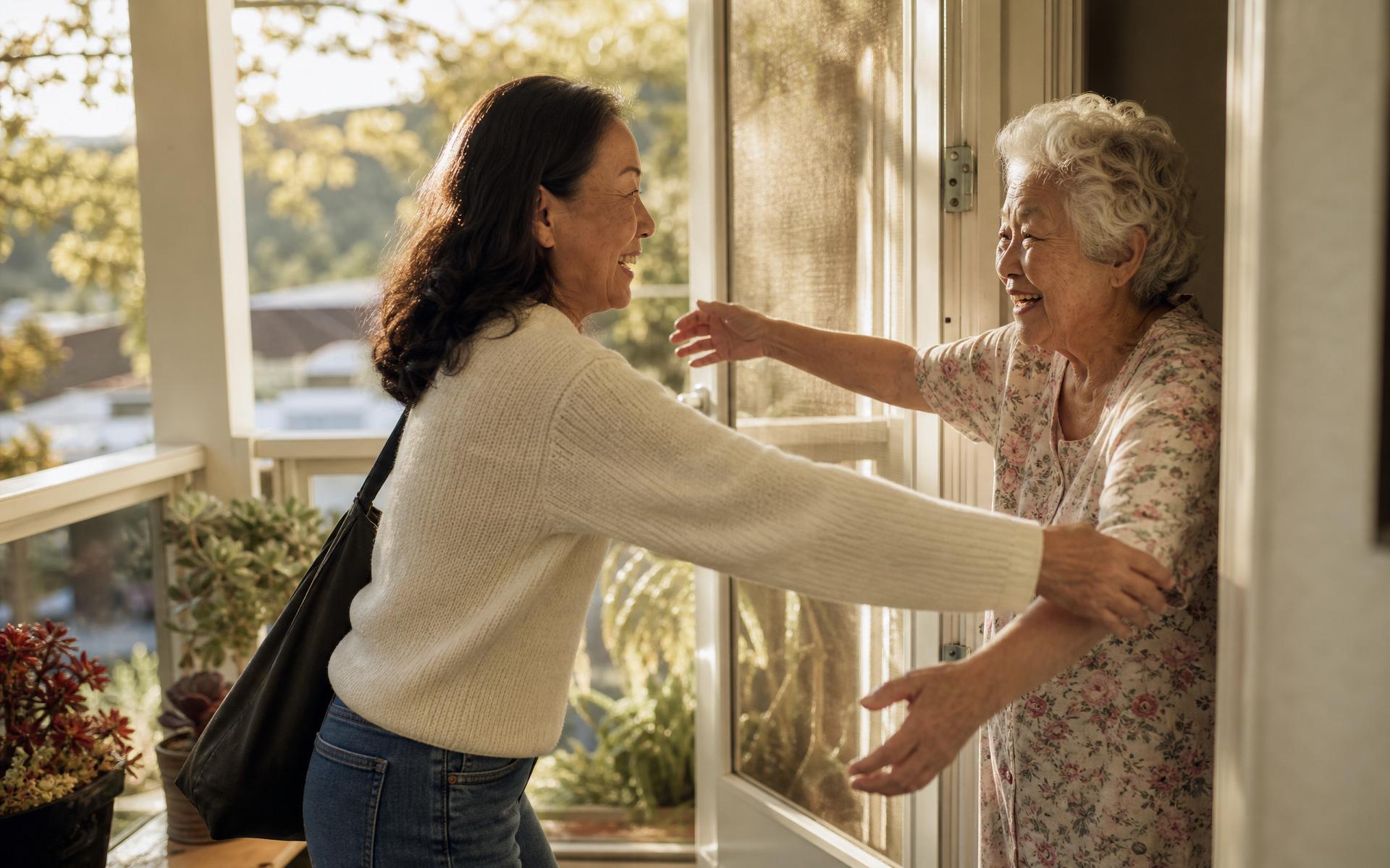 A visiting daughter greeted with a warm hug at the front door of the home