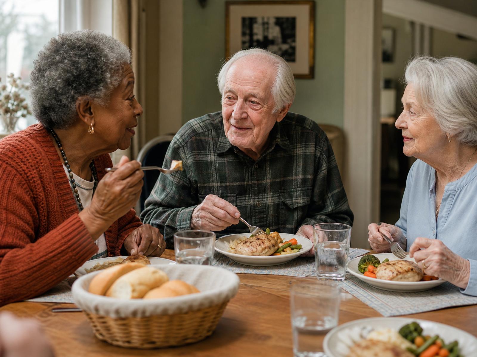 Three residents enjoying a home-cooked chicken dinner around the dining table