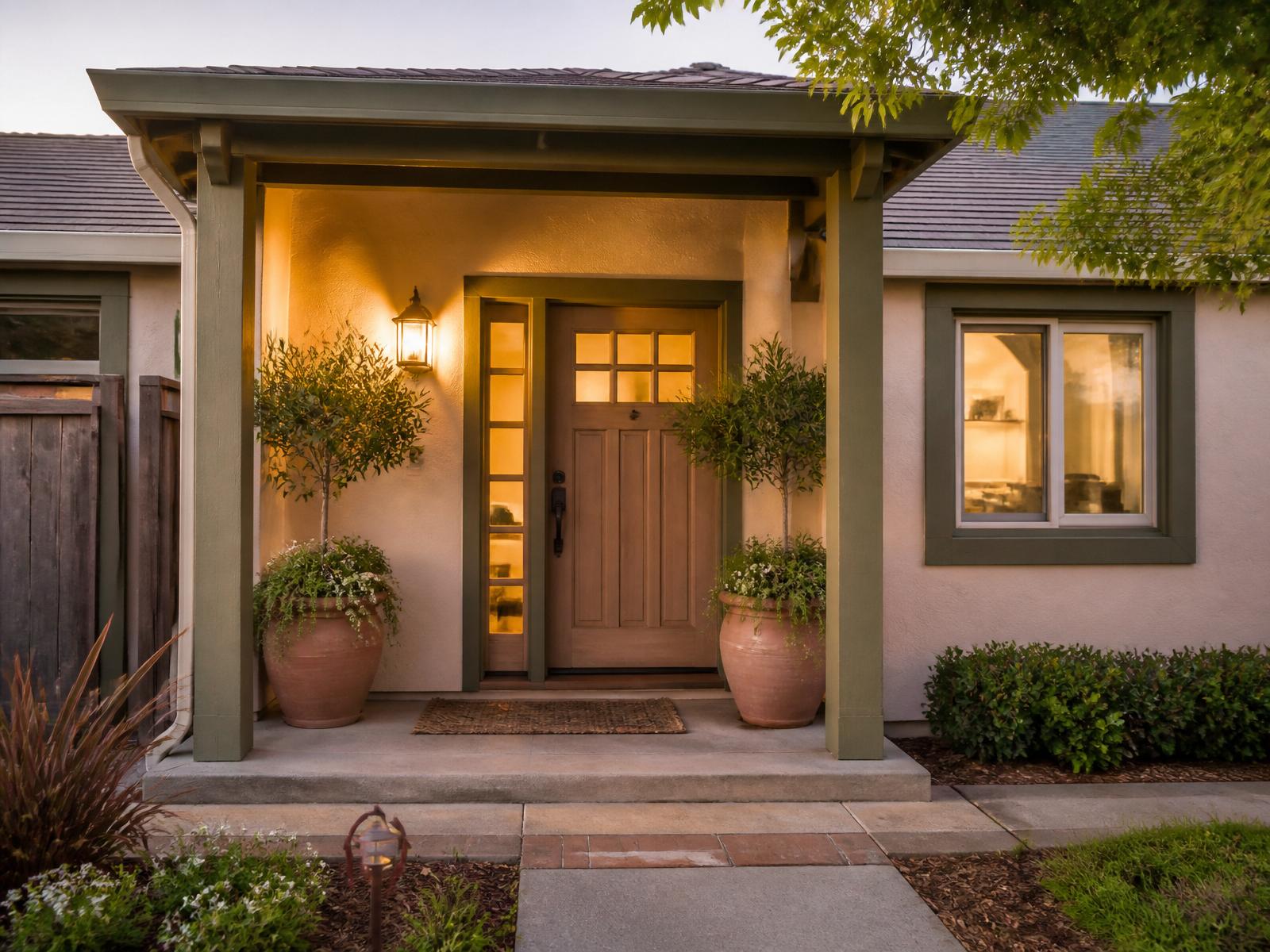 Warm welcoming front entry with potted olive trees and lit lantern at dusk