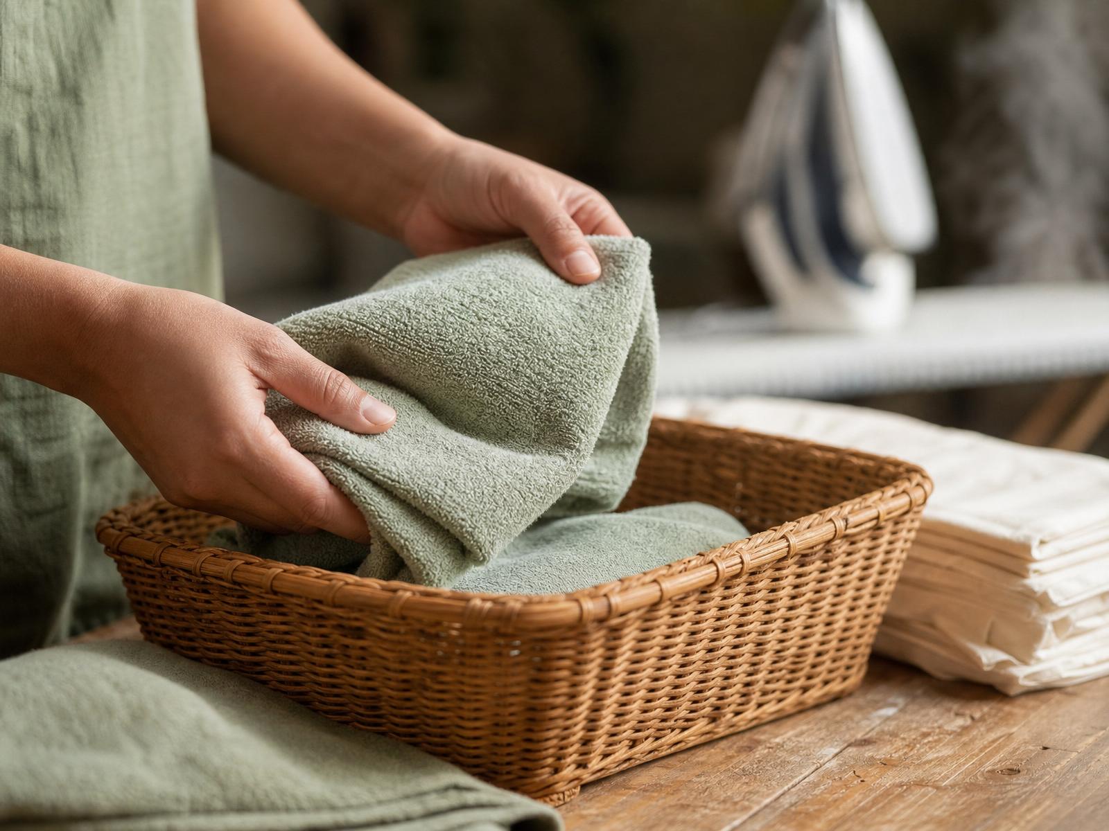 Caregiver folding a fresh sage-green towel into a wicker laundry basket