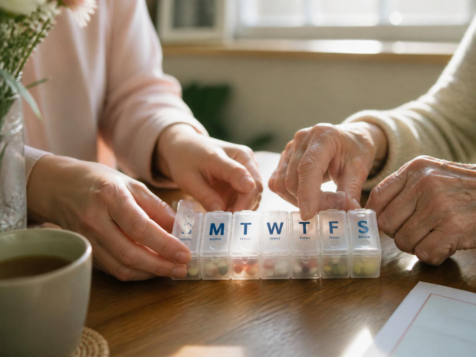 Caregiver's hands helping a resident sort a weekly medication planner