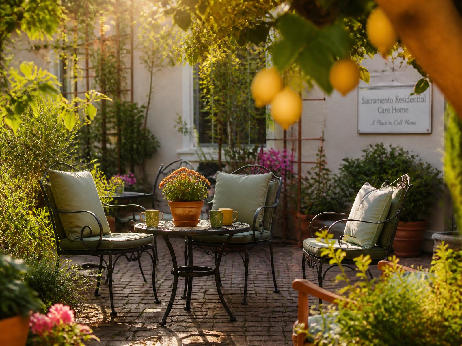 Sunlit garden patio with wrought-iron seating outside the home