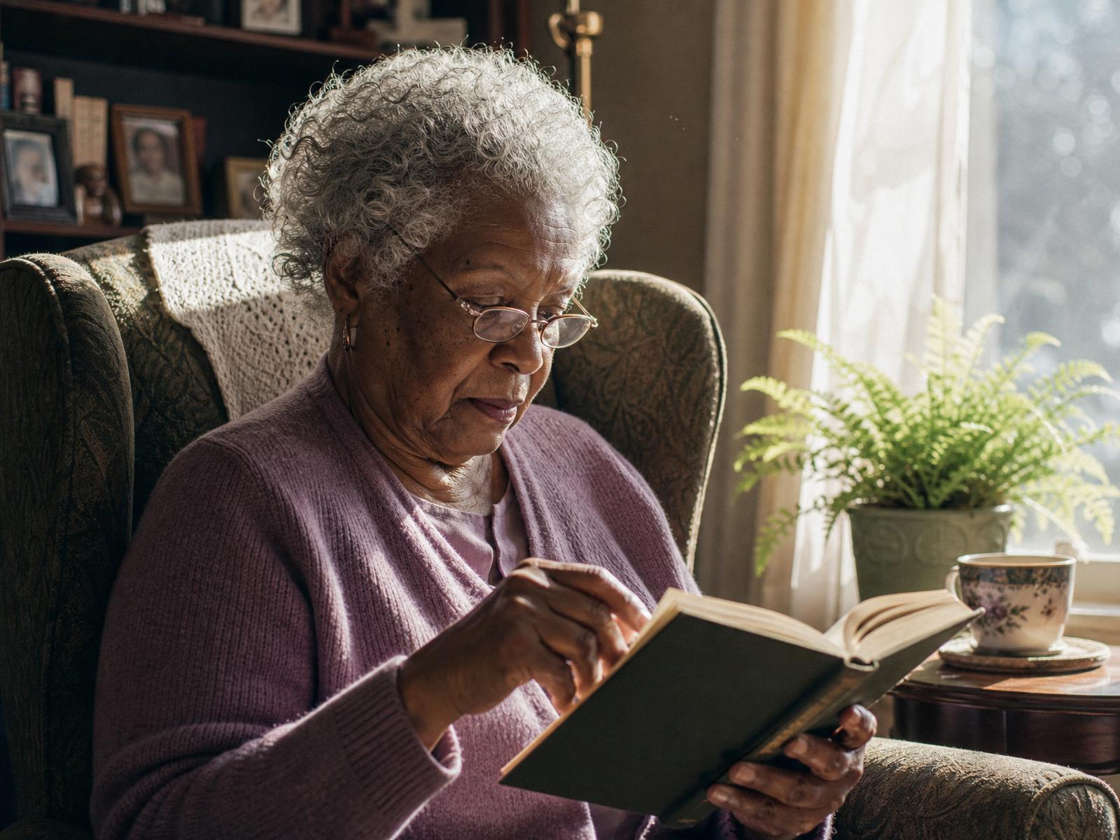 Elderly woman reading in a warm sunlit wingback chair beside a window